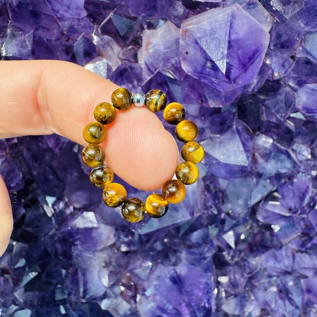 Gold Tigers Eye Rings - Adjustable Beaded Stretch Gemstone