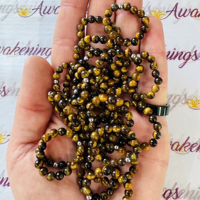 Gold Tigers Eye Rings - Adjustable Beaded Stretch Gemstone