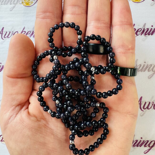 Blue Sandstone (Sand Stone Goldstone) Rings  - Adjustable Beaded Stretch Gemstone