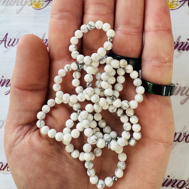 White Howlite (Magnesite) Rings - Beaded Stretch Gemstone Adjustable