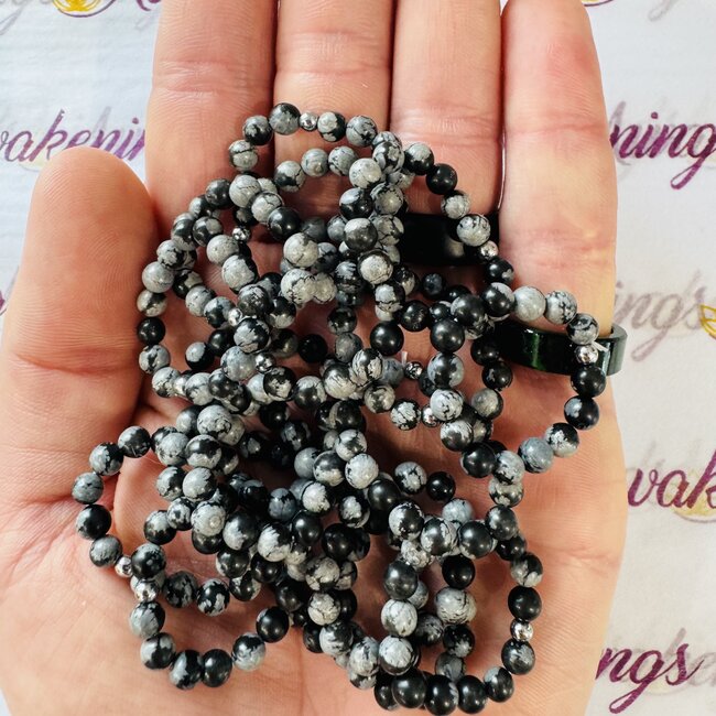 Snowflake Obsidian Rings - Adjustable Beaded Stretch Gemstone