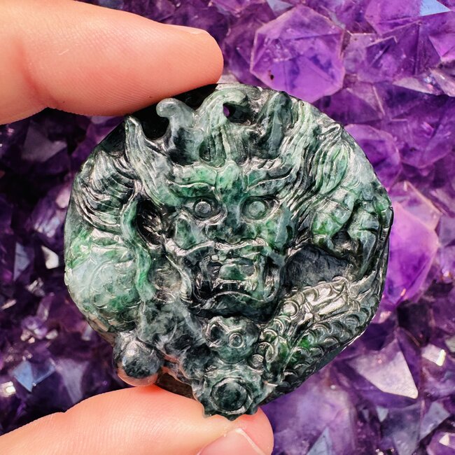 Green and Black Jadeite Dragon Carving - 291.50 carats