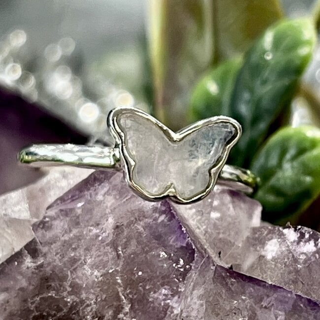 Rainbow Moonstone Rings - Size 4 Butterfly Bezel- Sterling Silver