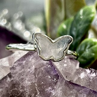 Rainbow Moonstone Rings - Size 5 Butterfly Bezel Set - Sterling Silver