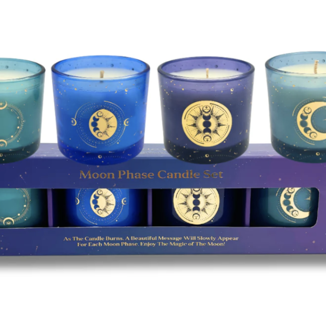 Moon Phase Candle Set of 4 - New Moon (Guava, Rum & Vanilla), Waxing Moon (White Tea, Ginger & Amber), Full Moon (Cotton, Bergamot & Sandalwood), and Waning Moon (Ocean Mist, Arum, & Amber) 3.5 oz