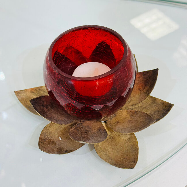 Gold Lotus Red Glass Votive Candle Holder