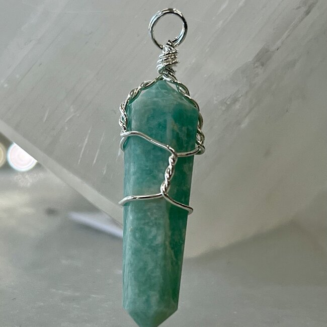 Amazonite Pendants - Wire Wrapped Faceted Points - Silver Plated