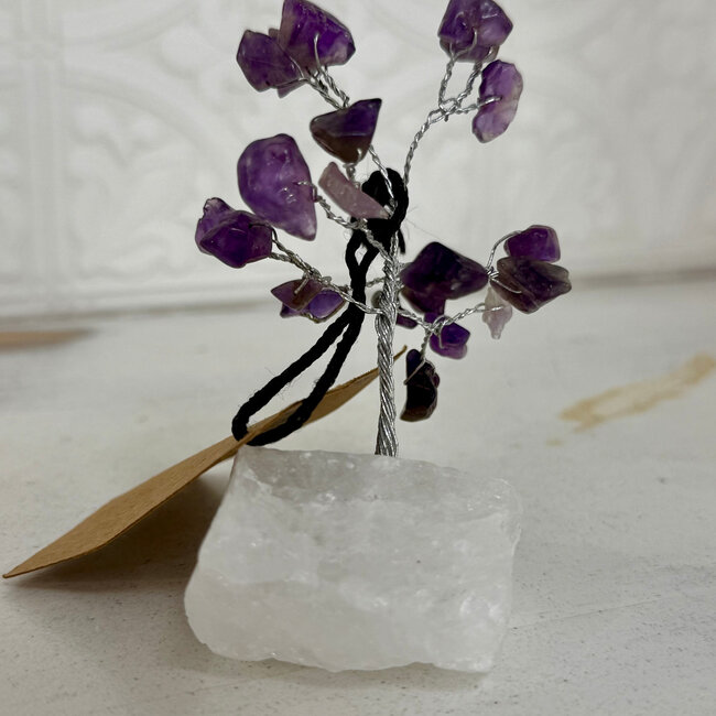 Amethyst Bonsai Tree on Clear Quartz - 3" Mini - Chips Silver Wire