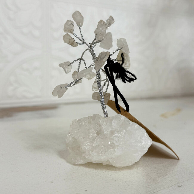 Clear Quartz Bonsai Tree on Clear Quartz - 3" Mini - Chips Silver Wire