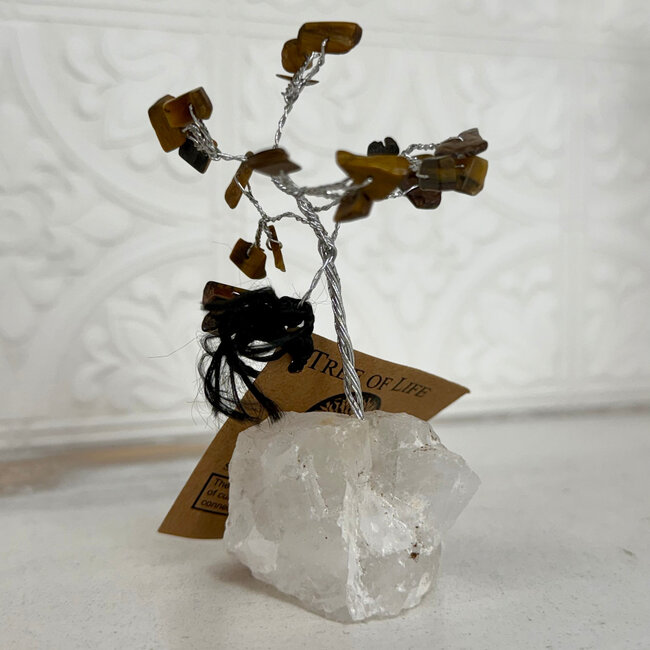 Gold Tigers Eye Bonsai Tree on Clear Quartz - 3" Mini - Chips Silver Wire