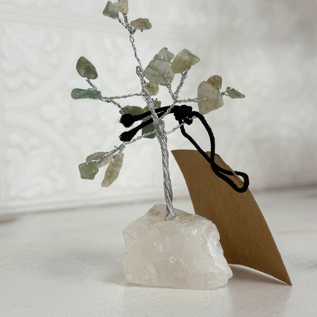 Green Aventurine Bonsai Tree on Clear Quartz - 3" Mini - Chips Silver Wire