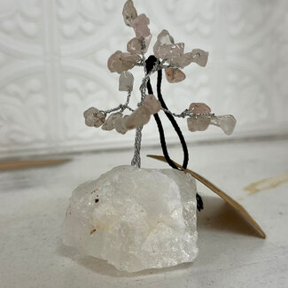 Rose Quartz Bonsai Tree on Clear Quartz - 3" Mini - Chips Silver Wire