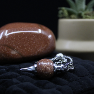 Gold Sandstone (Goldstone) Sand Stone Round Pendulum - Sephoroton Dowsing Divination Silver Chain - Gemstone Crystal