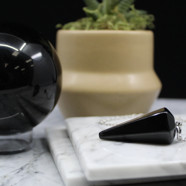 Black Obsidian Pendulum-Dowsing Hexagonal Faceted Cone Point Divination-Silver Chain-Crystal Gemstone