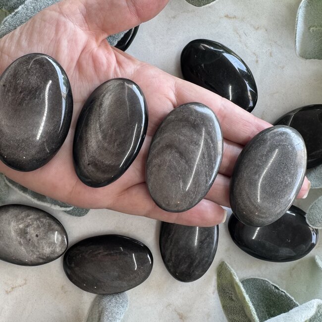 Silversheen (Silver Sheen) Obsidian Palm Pillow Pocket Stones