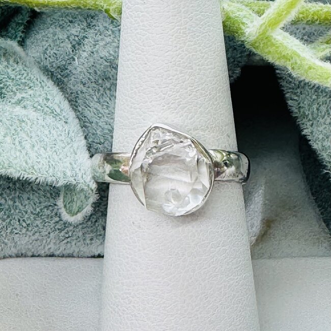Herkimer Diamond Ring - Adjustable Rough Bezel Set - Sterling Silver Raw Natural