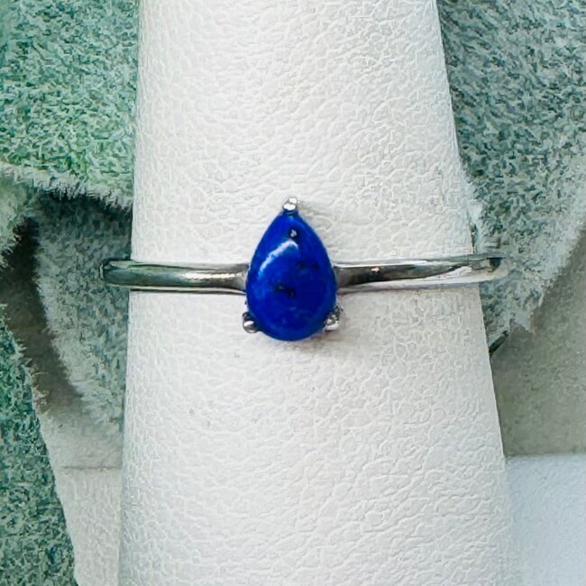 Lapis Lazuli Ring - Size 7 Teardrop Pear Prong Claw - Sterling Silver