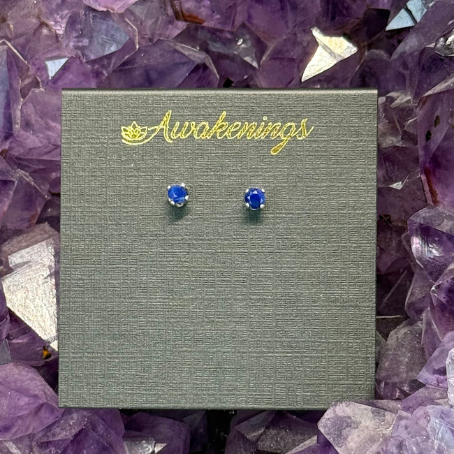 Lapis Lazuli Earrings - 3mm Faceted Studs Claw Prong Set - Sterling Silver Gemstone Jewelry