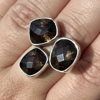Smoky Quartz Ring - Faceted Adjustable 3 Stone - Sterling Silver