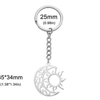 Sun in Crescent Moon Keychain Key Chain - Silver