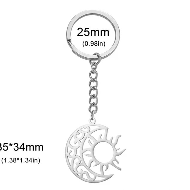 Sun in Crescent Moon Keychain Key Chain - Silver