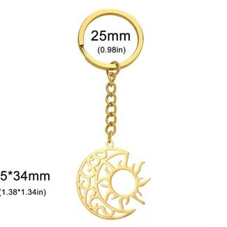 Sun in Crescent Moon Keychain Key Chain - Gold