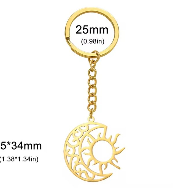 Sun in Crescent Moon Keychain Key Chain - Gold