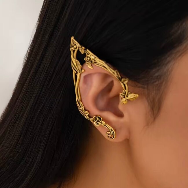 Fairy Ears Cuff Elf Charm Fae Flowers - Gold (Plated) Set