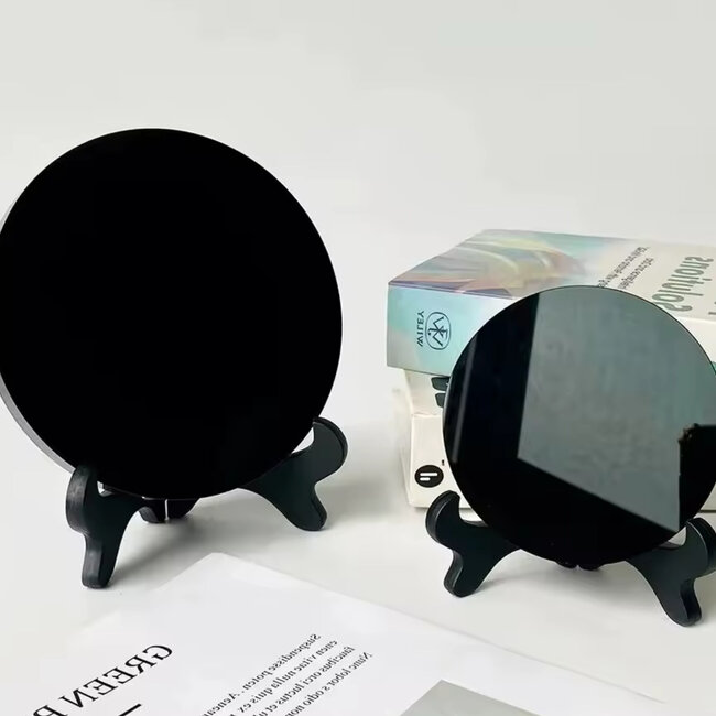 Black Obsidian Scrying Mirror - 4.75" Plate with Stand 12cm - Scry Divination Clairvoyance