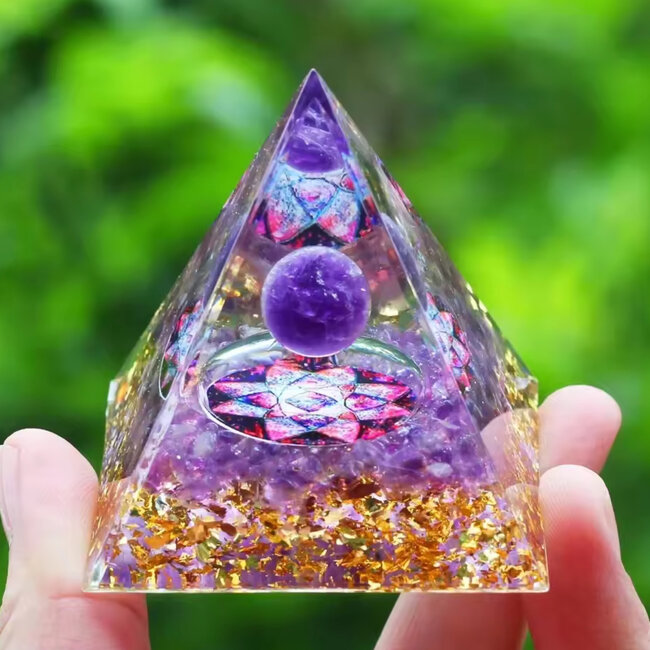 Amethyst Orgonite Orgone Pyramid Medium (2") - Purple Sphere Purple Pink Grid Gold Flakes Energy Generator EMF Blocker Sacred Geometry