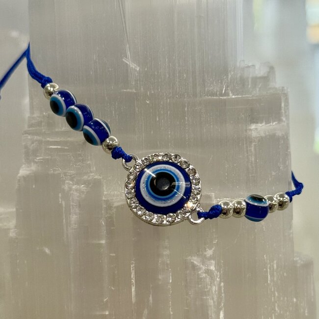 Evil Eye Bracelets - Rhinestone Blue Adjustable Silver Beads- Parachute String Protection