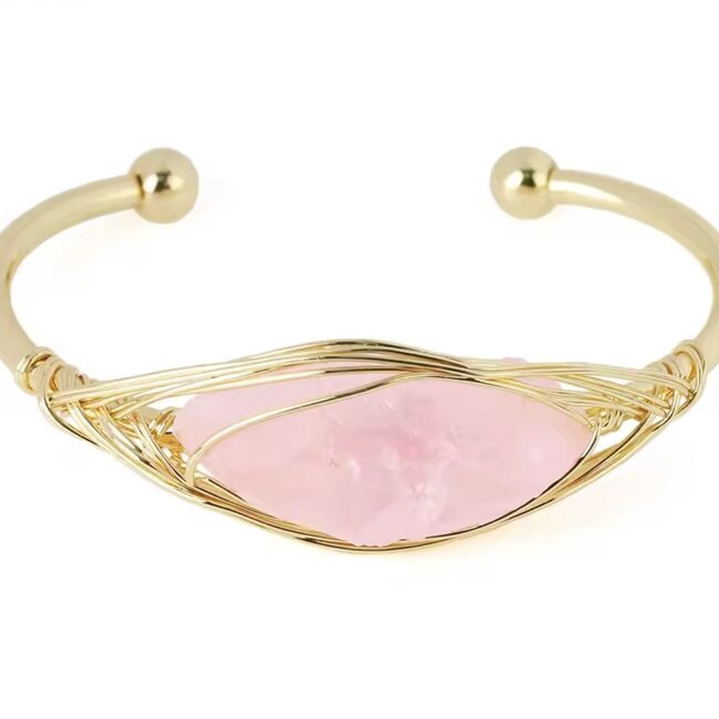 Rose Quartz Cuff Bracelets - Gold Plated Wire Wrapped - Rough Raw Natural