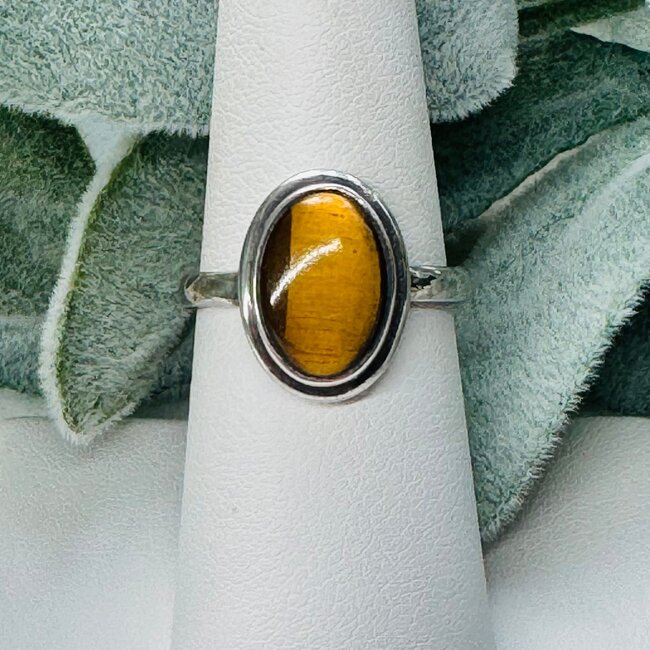 Gold Tiger's Eye Rings - Size 7 Oval Double Bezel Set - Sterling Silver