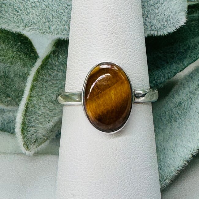 Gold Tigers Eye Rings - Size 7 Oval Bezel Set - Sterling Silver