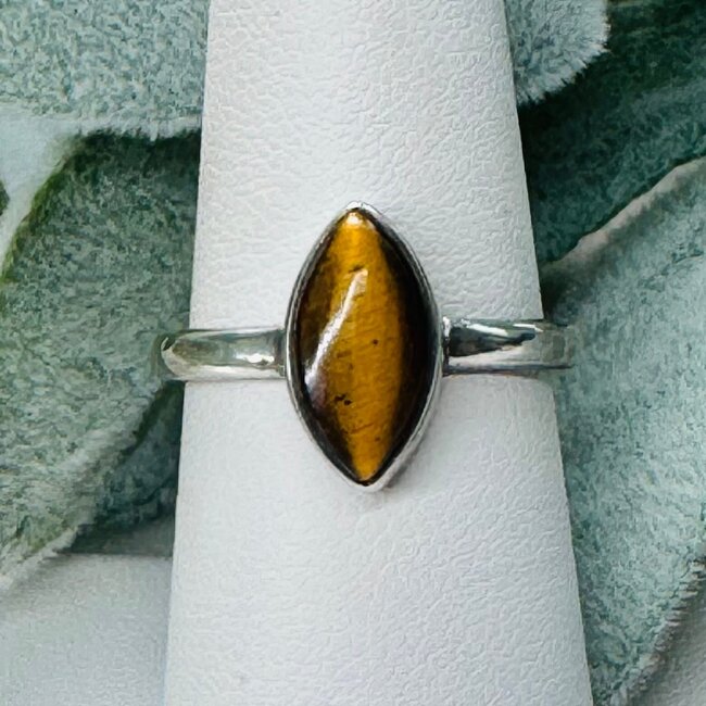 Gold Tiger's Eye Rings - Size 7 Marquise Bezel Set - Sterling Silver