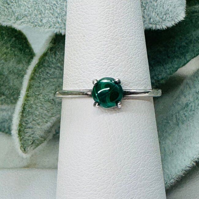 Malachite Rings - Size 6 Round Circle Claw Prong Set - Sterling Silver
