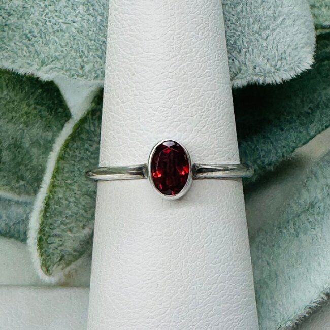 Red Garnet Rings - Size 6 Faceted Oval Bezel Set - Sterling Silver