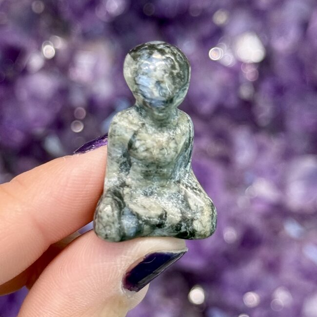 Que Sera (Blue Opal Llianite Galaxy Rhyolite Liberite Glaucophane) Aliens - Meditating 1.25" (3 cm) - Sitting Figurine Carving