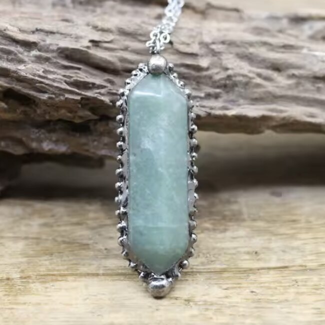 Green Aventurine Necklace - Double Point Antique Bezel Set 20" - Bronze Stainless Steel