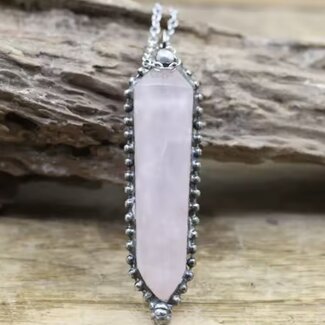 Rose Quartz Necklace - Double Point Antique Bezel Set 20" - Bronze Stainless Steel
