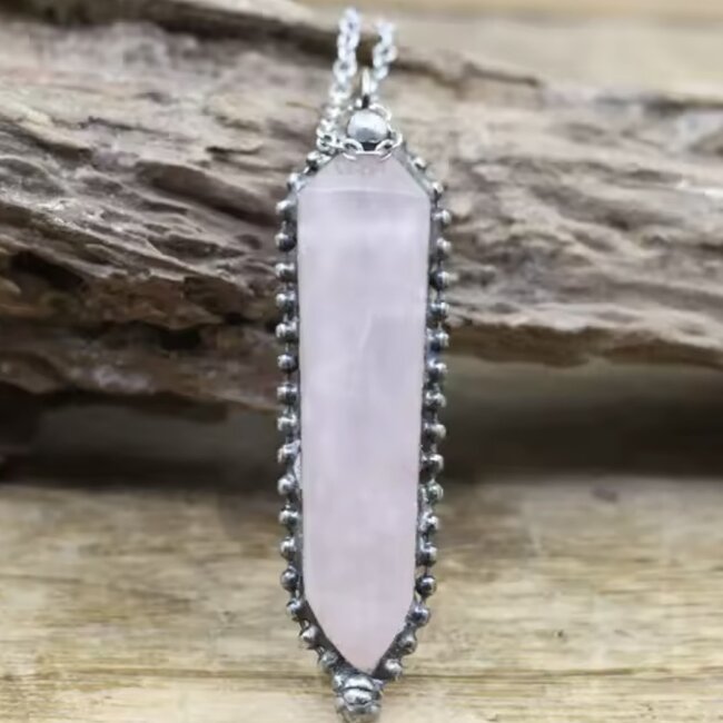 Rose Quartz Necklace - Double Point Antique Bezel Set 20" - Bronze Stainless Steel