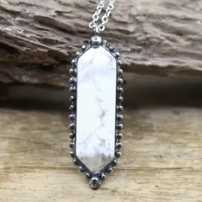 White Howlite (Magnesite) Necklace - Double Point Antique Bezel Set 20" - Bronze Stainless Steel