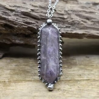 Amethyst Necklace - Double Point Antique Bezel Set 20" - Bronze Stainless Steel