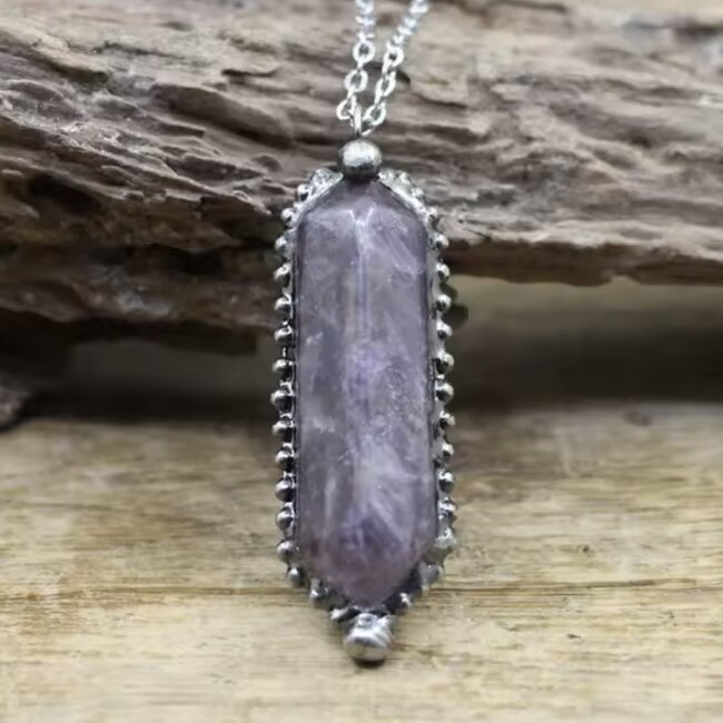 Amethyst Necklace - Double Point Antique Bezel Set 20" - Bronze Stainless Steel