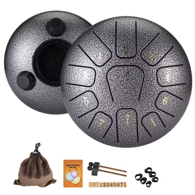 11 Tone Steel Tongue 6" Dark Silver Drum - Mini Hand Pan Stricker Handpan Hapi Happy Tank Panda Percussion Musical Instrument
