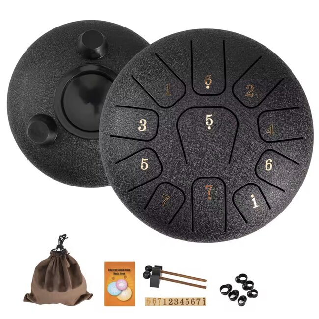 11 Tone Steel Tongue 6" Black Drum - Mini Hand Pan Stricker Handpan Hapi Happy Tank Panda Percussion Musical Instrument