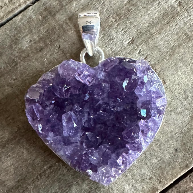 Amethyst Pendants - Hearts Bezel Set Rough Raw Natural Druzy - Silver Plated