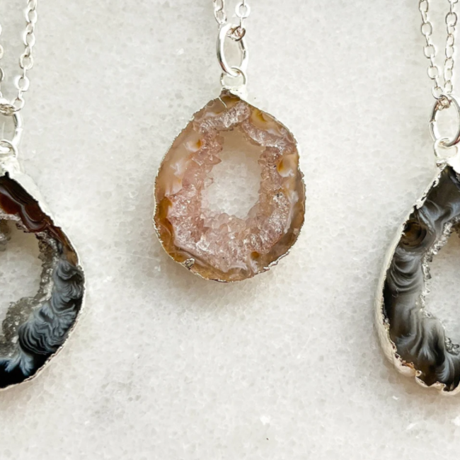 Ocos Agate Pendants - Slice Rough Raw Natural - Druzy Silver Plated