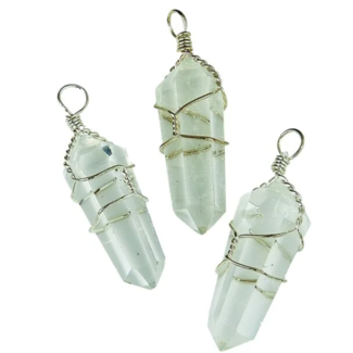Clear (Crystal) Quartz Pendants - Wire Wrapped Faceted Points - Silver Plated