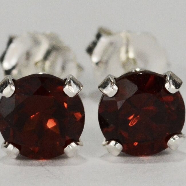 Red Garnet Earrings - 4mm Faceted Stud Claw Prong Set - Sterling Silver